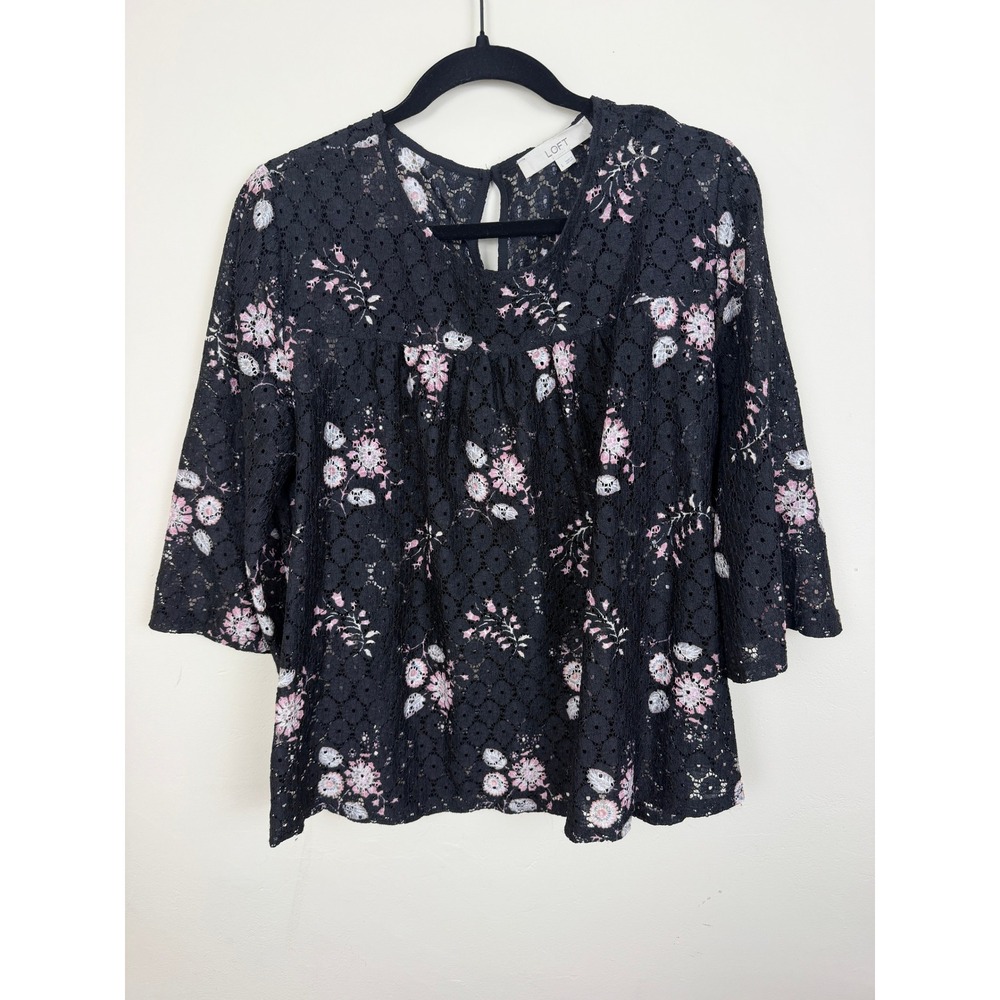 Floral Lace Blouse Women's Large Black Pink 3/4 Sleeve Keyhole